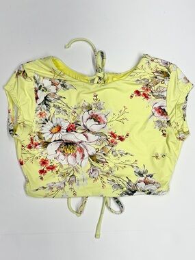 NEW BCBGeneration XS Floral Tie-Back Yellow Women's short sleeve Crop swim Top